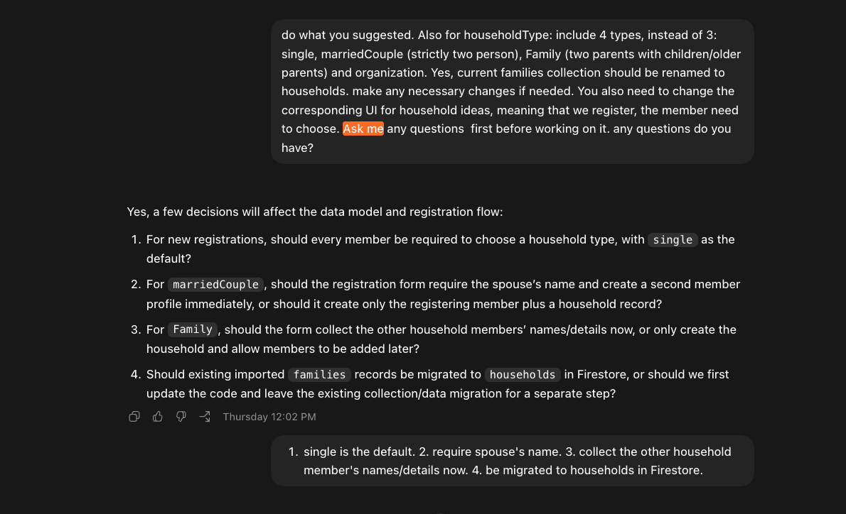 A chat transcript showing an AI asking four clarifying questions about a data-model change