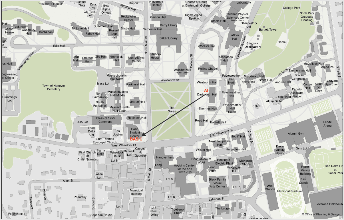 Walking route from Dartmouth Hall to Collis Student Center