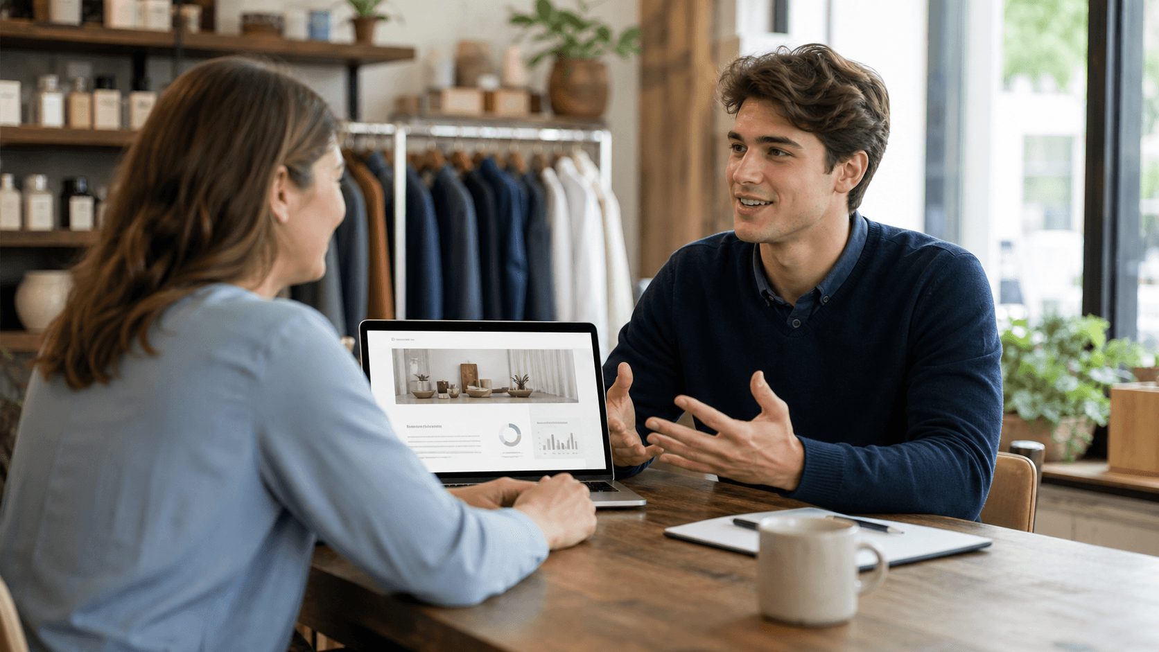 A young salesperson discussing AI-powered website creation with a potential customer